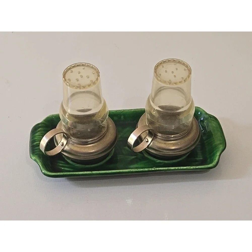 Vtg Japan Salt & Pepper Shakers Oil Lamp Metal Plastic Platform Hurricane MCM 3